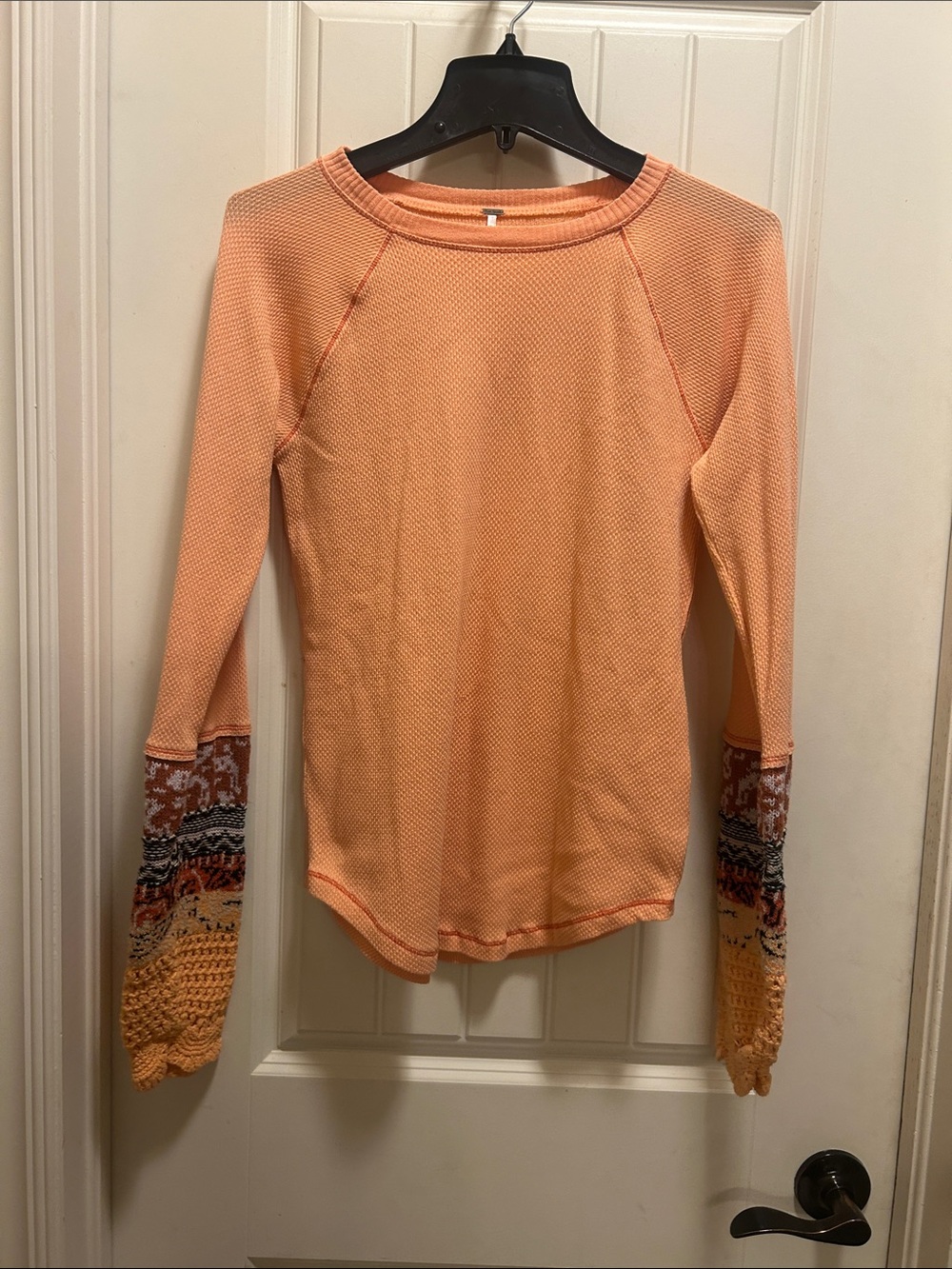 Free People Peach Long-Sleeve Thermal Top with crochet Sleeve Cuffs